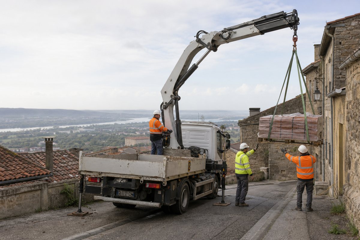 Mise en situation d’un camion-grue européen avec une équipe de levage pour restauration de toiture dans le vieux valence, dans un environnement inspiré de Valence