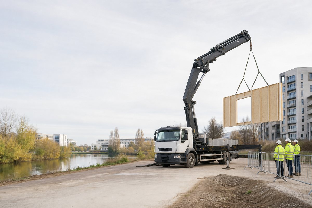 Mise en situation d’un camion-grue européen avec une équipe de levage pour rénovation au mas du taureau, dans un environnement inspiré de Vaulx-en-Velin