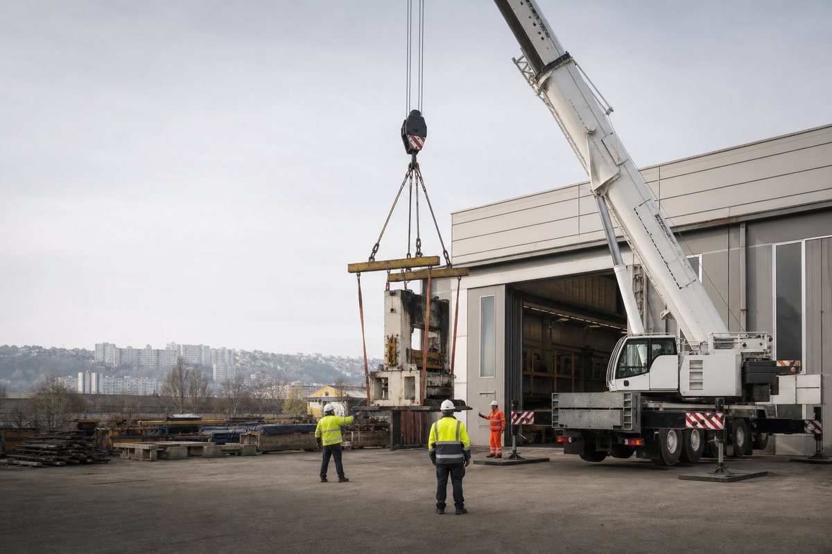 Mise en situation d’un grue mobile automotrice avec une équipe de levage pour levage de presse en atelier industriel, boulevard yves-farge, dans un environnement inspiré de Vénissieux
