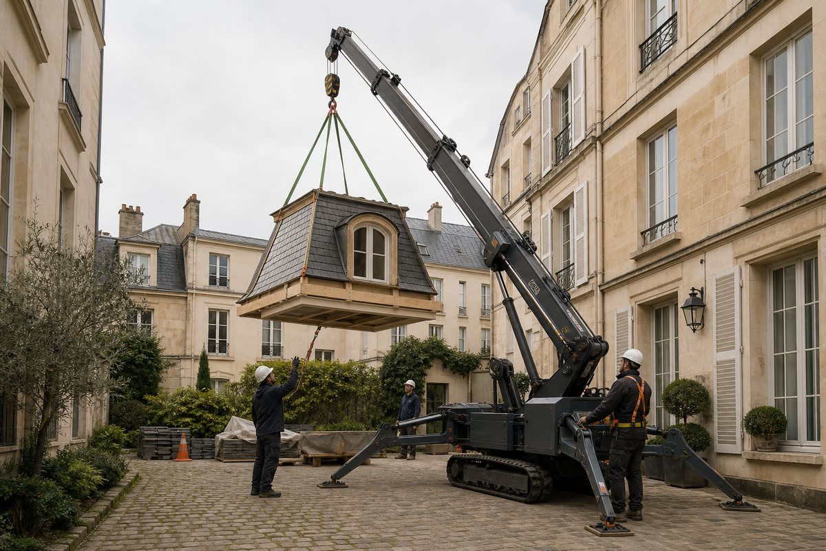 Mise en situation d’un mini-grue araignée avec une équipe de levage pour rénovation de toiture d'hôtel particulier, quartier saint-louis, dans un environnement inspiré de Versailles