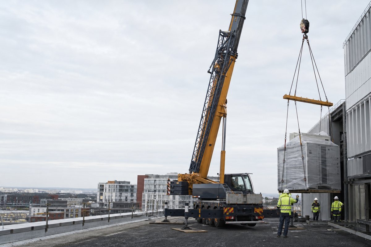 Mise en situation d’un grue mobile automotrice avec une équipe de levage pour levage de matériel médical lourd, dans un environnement inspiré de Villejuif