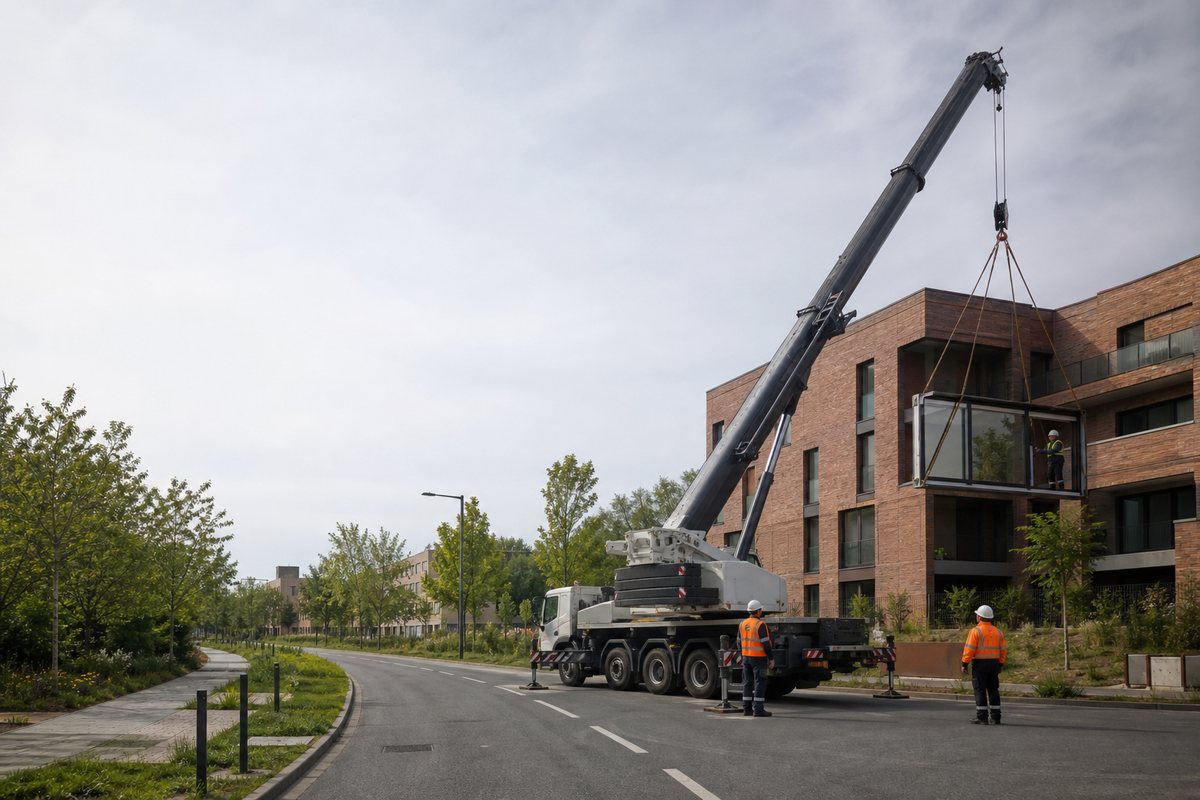 Mise en situation d’un camion-grue européen avec une équipe de levage pour remplacement de menuiseries en résidence du pont-de-bois, dans un environnement inspiré de Villeneuve-d'Ascq