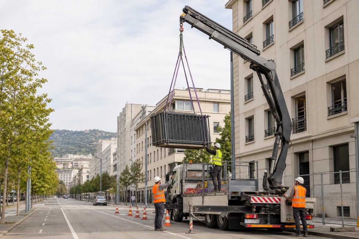 Mise en situation d’un camion-grue européen avec une équipe de levage pour charpente d'atelier, carré de soie, dans un environnement inspiré de Villeurbanne