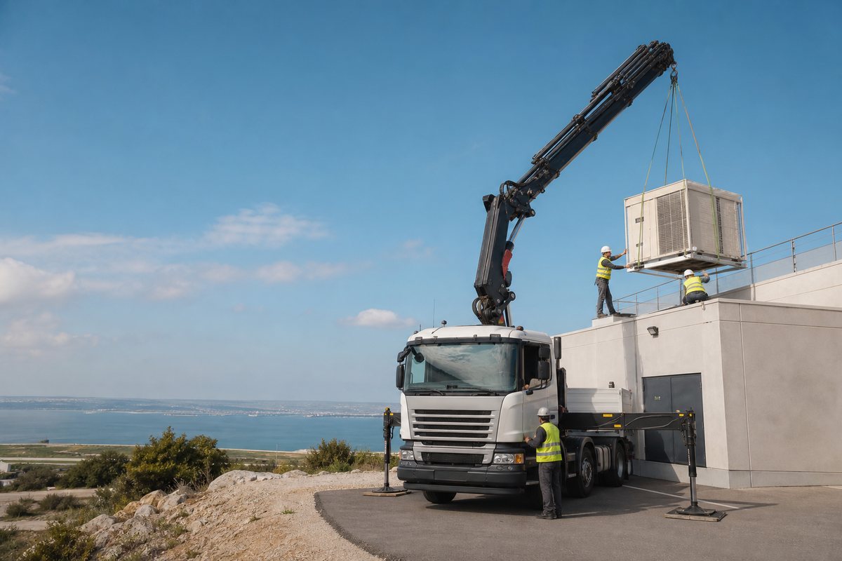 Mise en situation d’un camion-grue européen avec une équipe de levage pour toiture de local commercial, zone de couperigne, dans un environnement inspiré de Vitrolles
