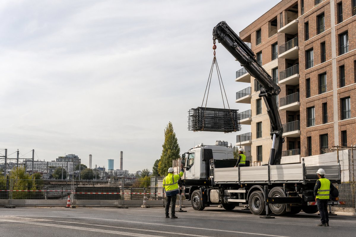 Mise en situation d’un camion-grue européen avec une équipe de levage pour pose de garde-corps sur logements neufs, zac seine gare vitry, dans un environnement inspiré de Vitry-sur-Seine
