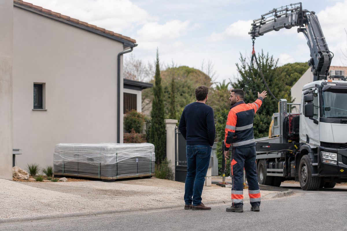 Particulier préparant un levage avec un chauffeur-grutier devant sa maison