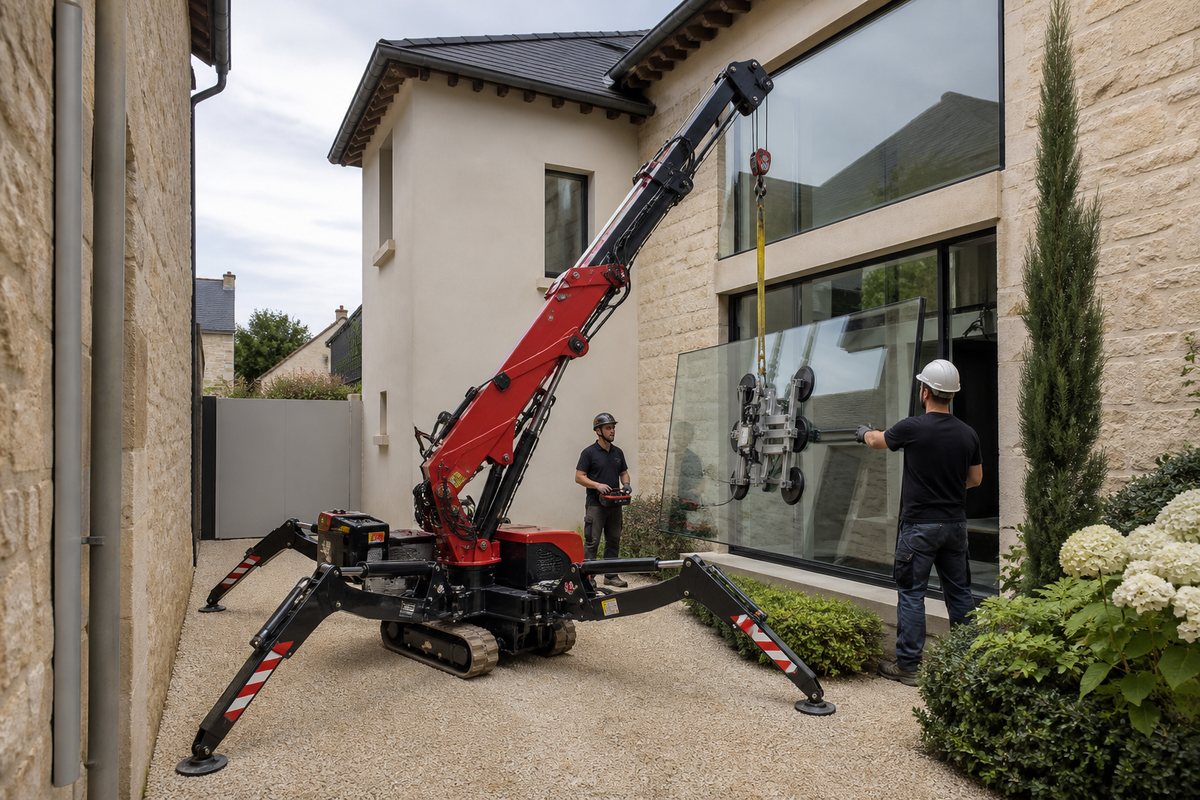 Mini-grue araignée déployée dans une cour avec deux opérateurs