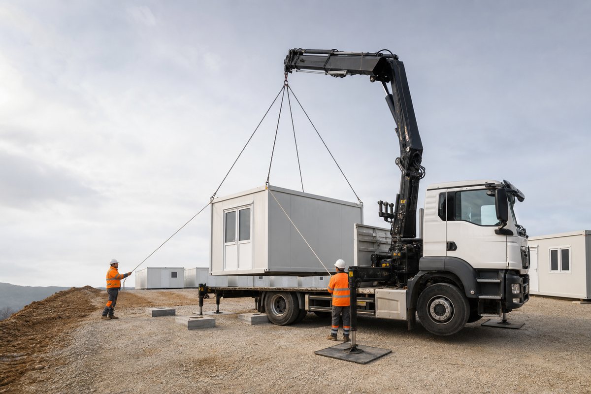 Camion-grue posant un bungalow de chantier sur ses plots