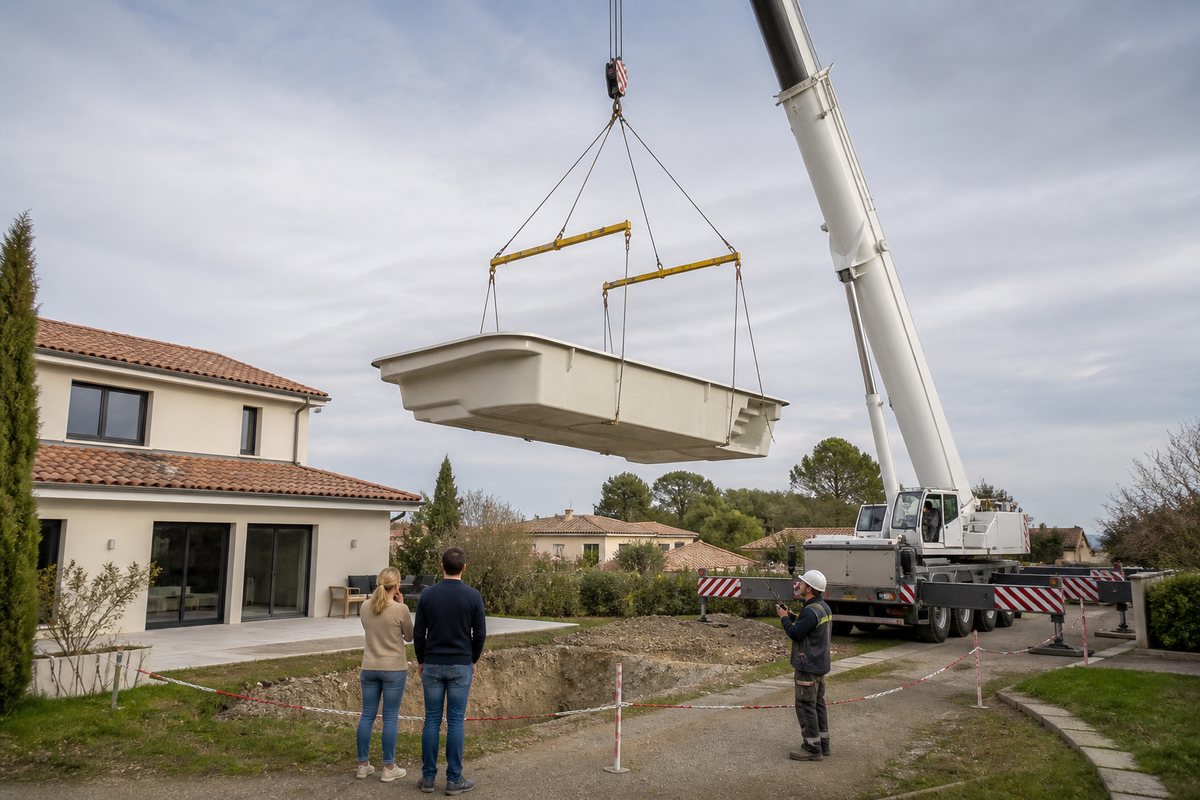 Piscine coque suspendue par une grue mobile au-dessus d’une maison