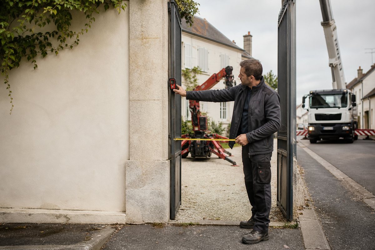 Chef de chantier mesurant un accès avant de choisir une grue