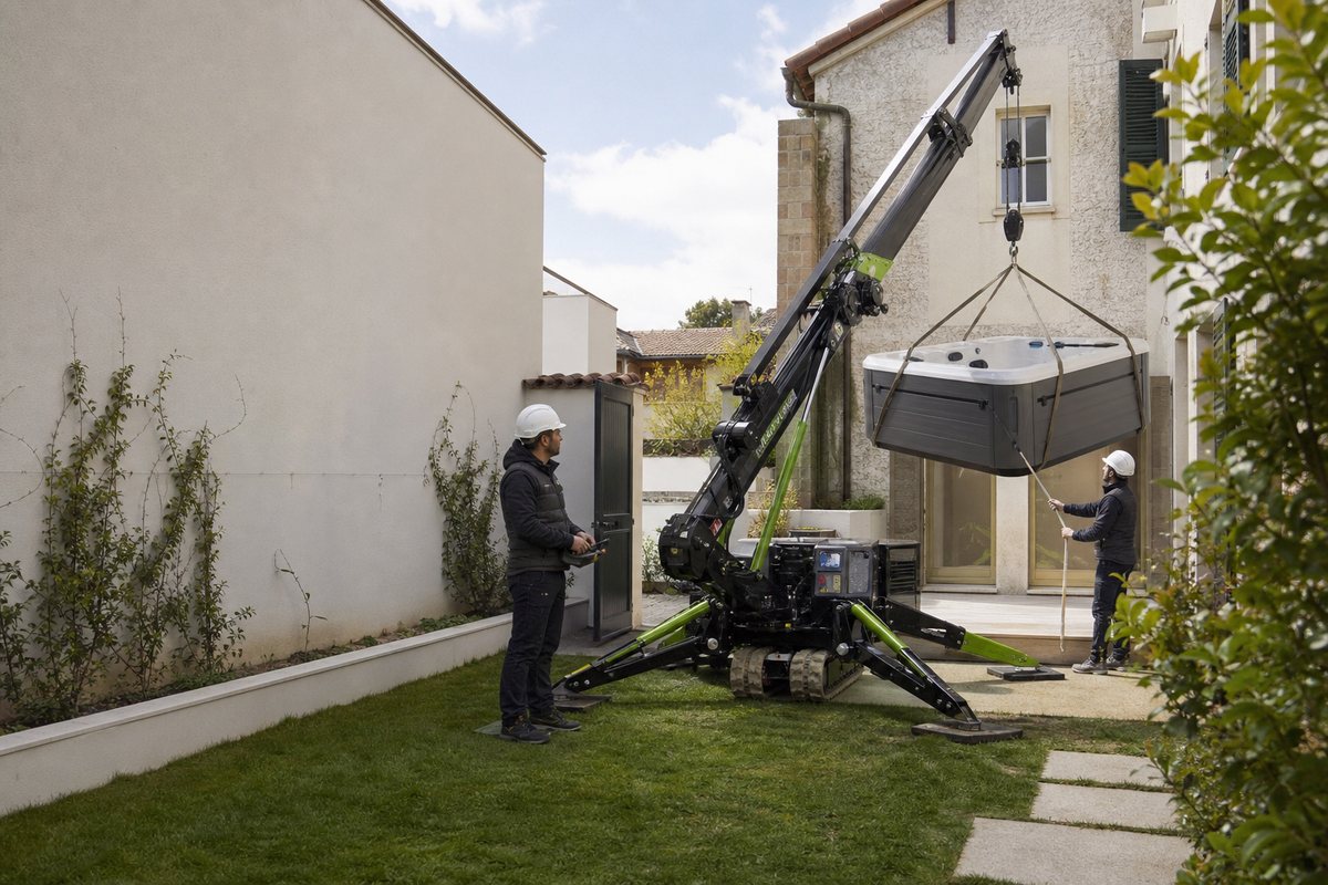 Mini-grue araignée posant un spa au fond d’un jardin